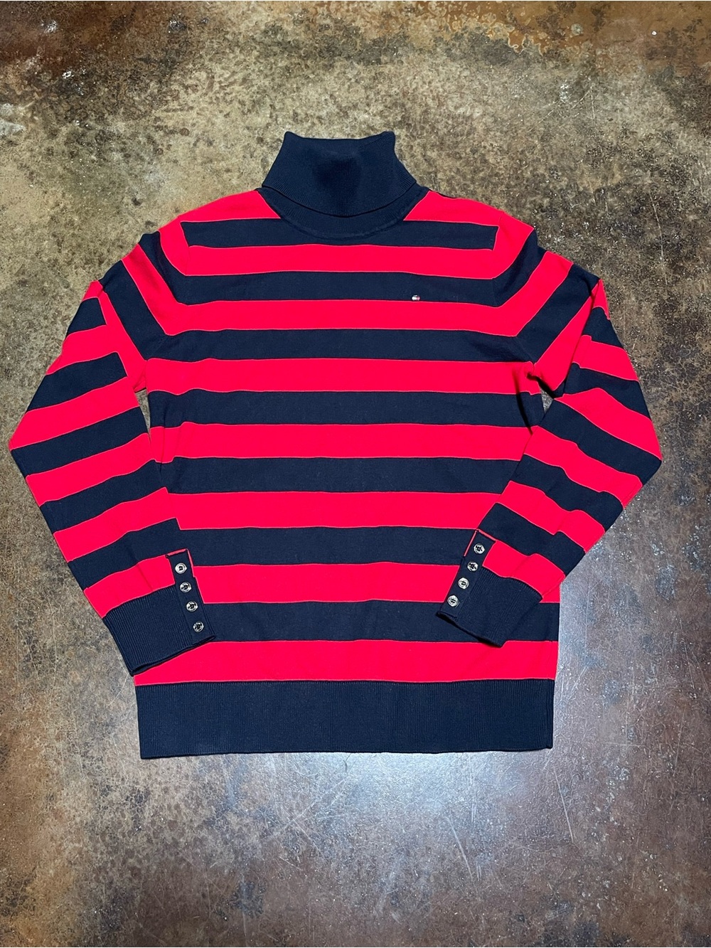 Tommy Hilfiger Navy and Red Striped Turtleneck Sweater